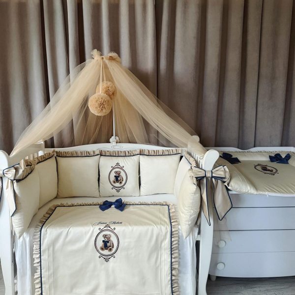 Babybett komplett Set Creme mit Teddy Stickerei