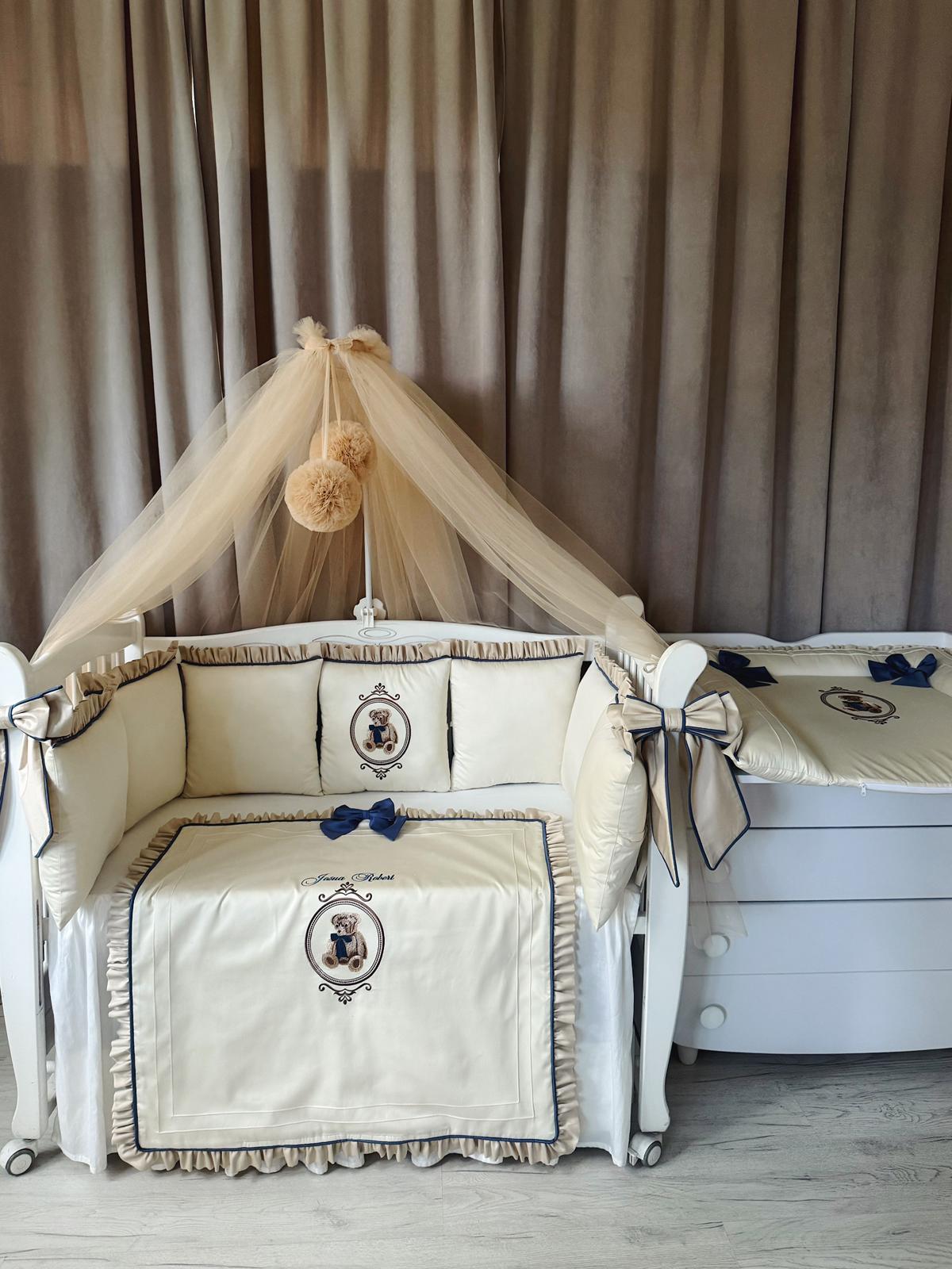Babybett komplett Set Creme mit Teddy Stickerei Babybett komplett Set Creme mit Teddy Stickerei