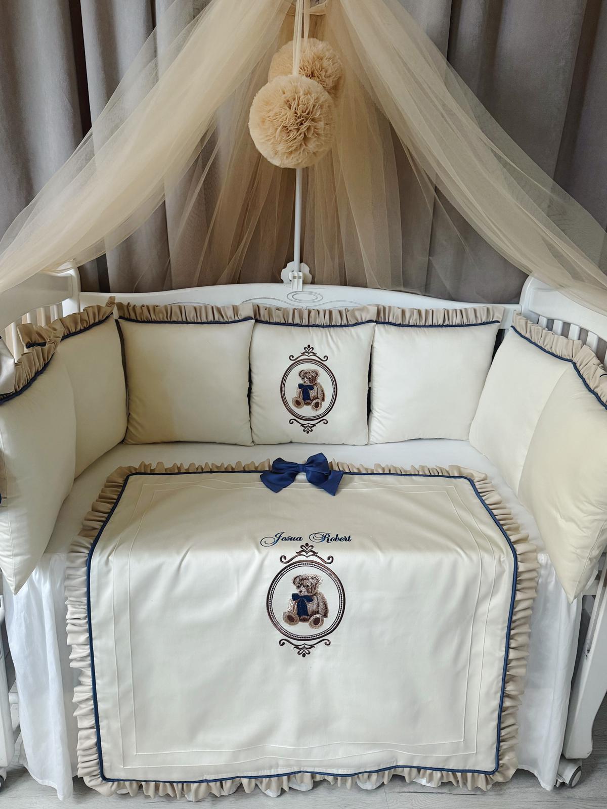 Babybett komplett Set Creme mit Teddy Stickerei Babybett komplett Set Creme mit Teddy Stickerei