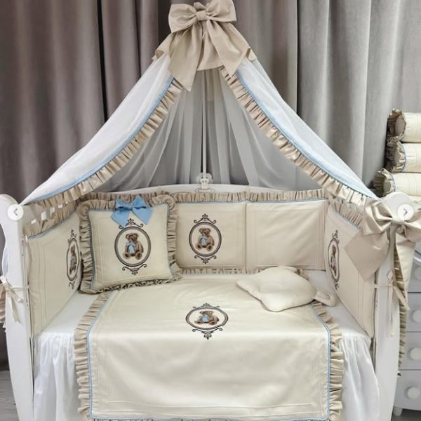 Babybettwäsche Set mit Bär Stickerei in Creme