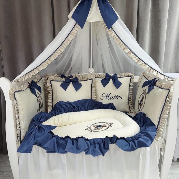 Babybett komplett Set Creme/Dunkelblau mit Bär