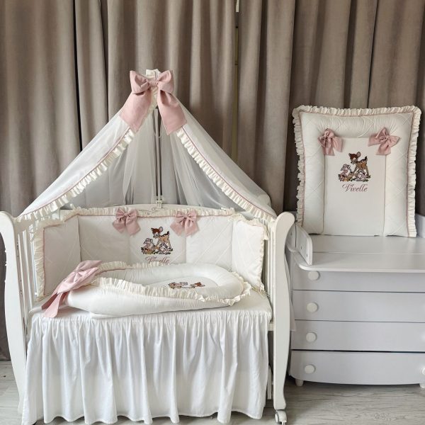 Babybett komplett Set Naturweiß/Altrosa mit Bambi